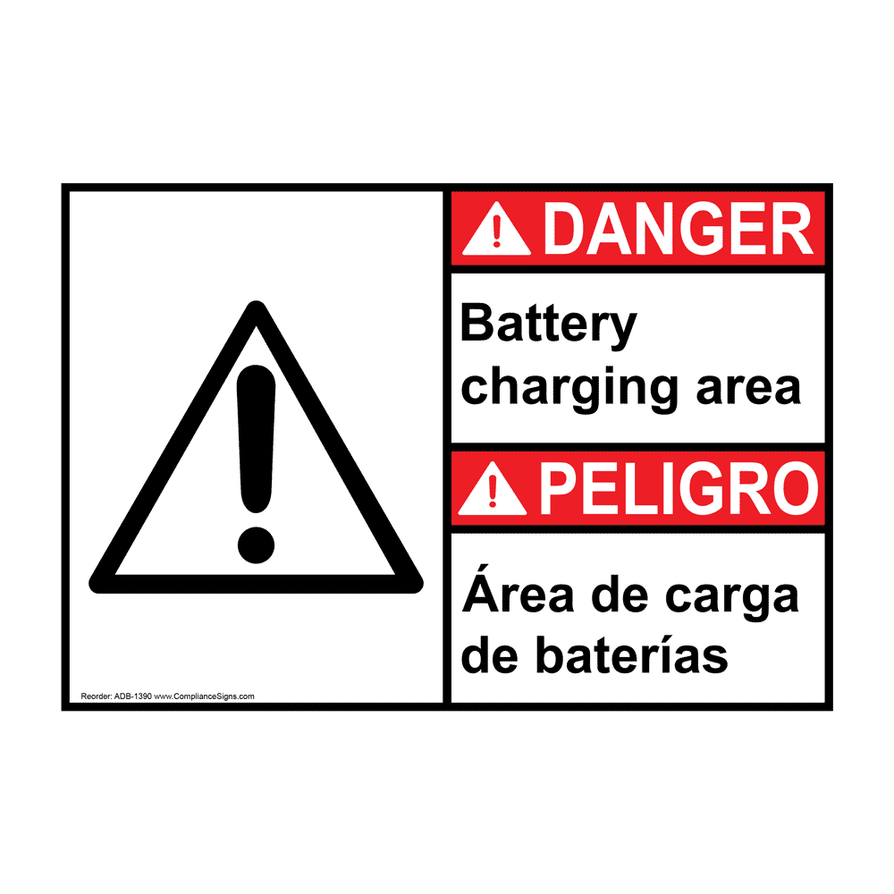 English + Spanish ANSI DANGER Battery Charging Area Sign With Symbol ADB-1390