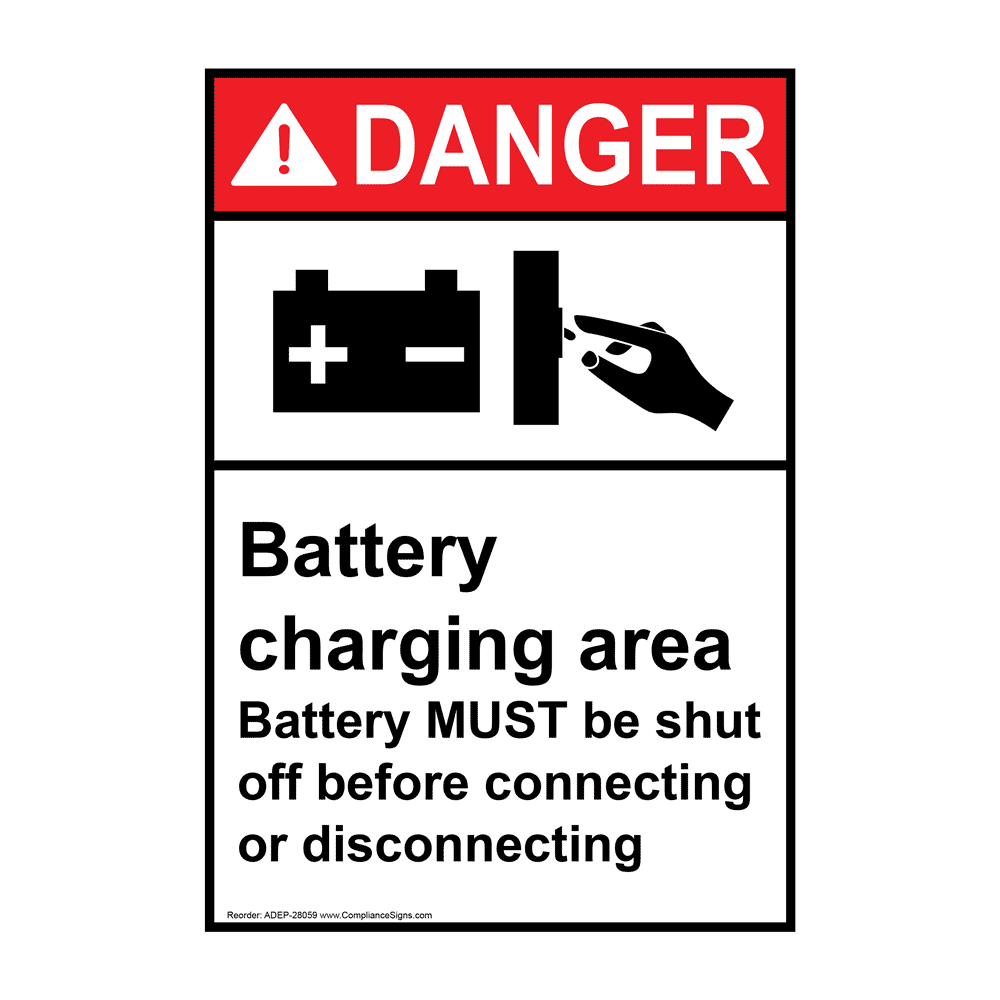 Portrait ANSI DANGER Battery charging area Battery Sign with Symbol ADEP-28059