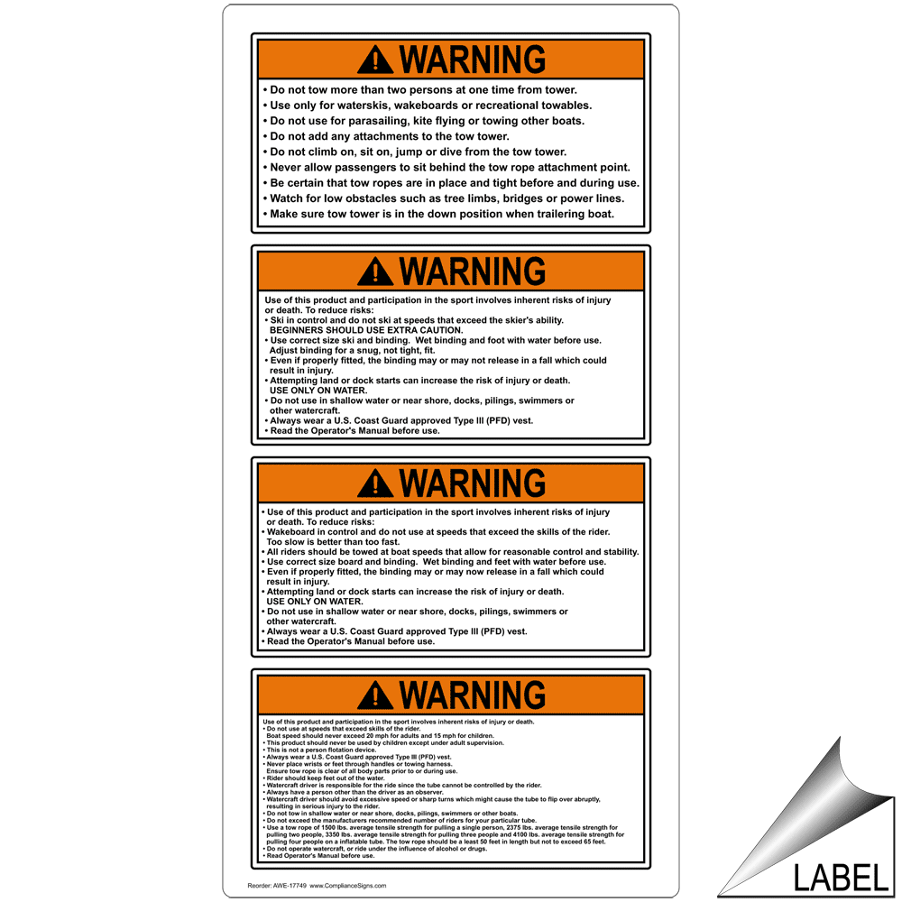 Portrait ANSI WARNING WARNING Do not tow more than two persons at one time from tower Sign AWE-17749