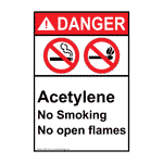 Portrait ANSI DANGER Acetylene No Smoking No Open Flames Sign ADEP-1091