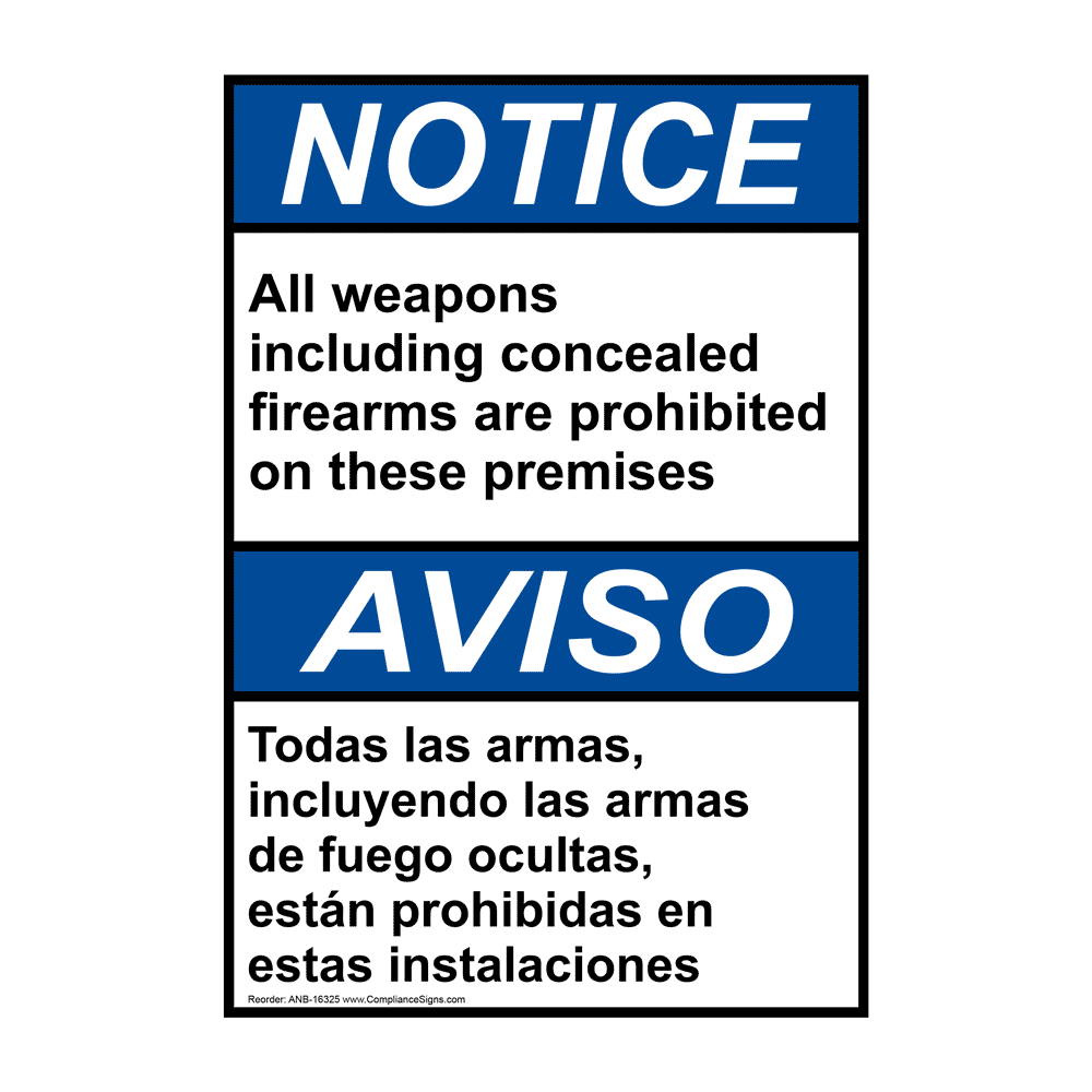 ANSI NOTICE Concealed Firearms Prohibited Bilingual Sign ANB16325