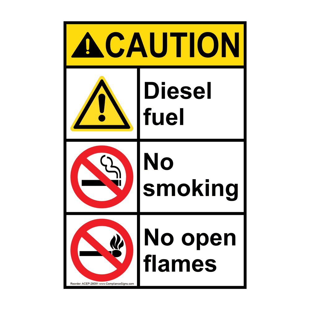 Portrait ANSI CAUTION Diesel Fuel No Smoking No Open Flames Sign ACEP28091