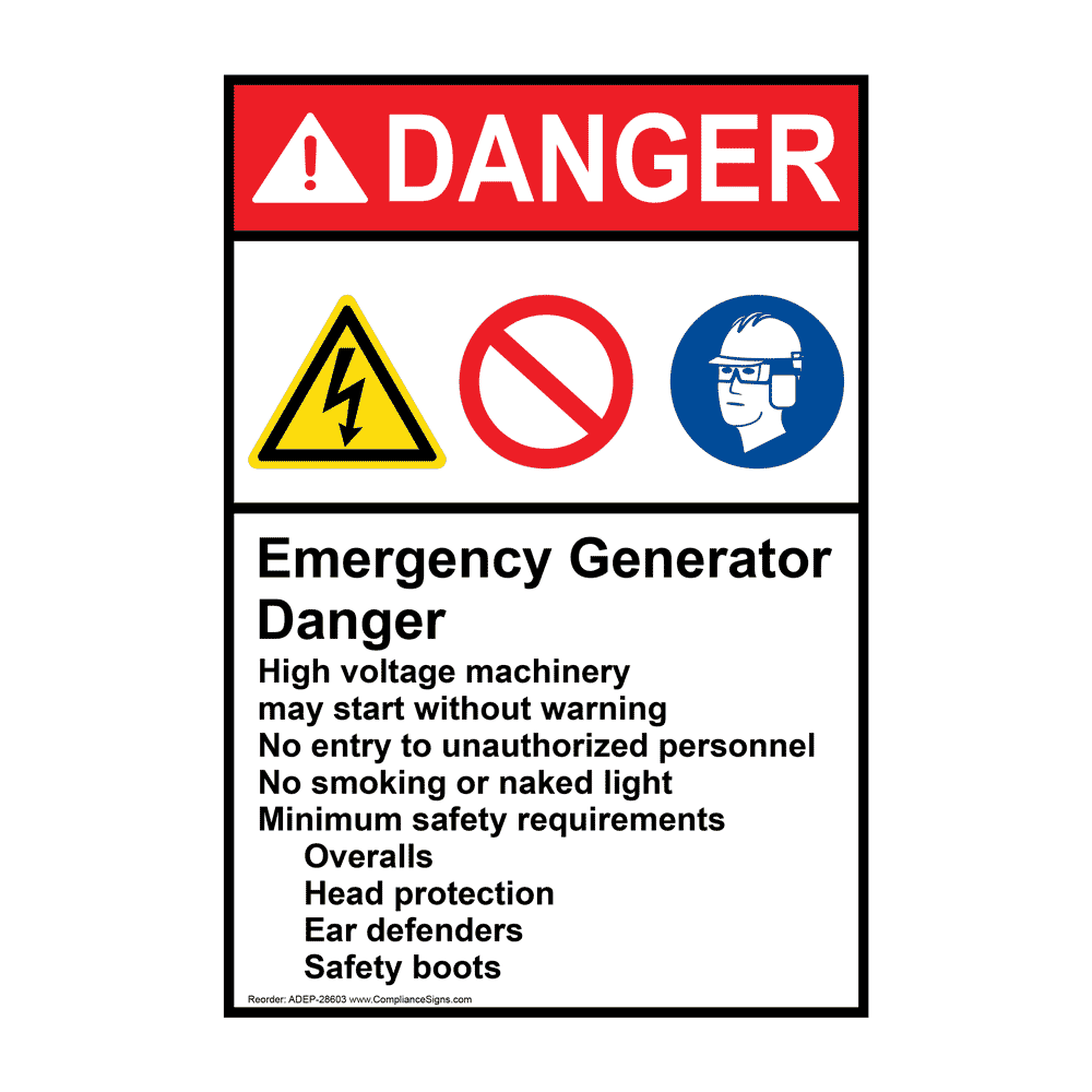 Portrait ANSI Emergency Generator Sign With Symbol ADEP28603