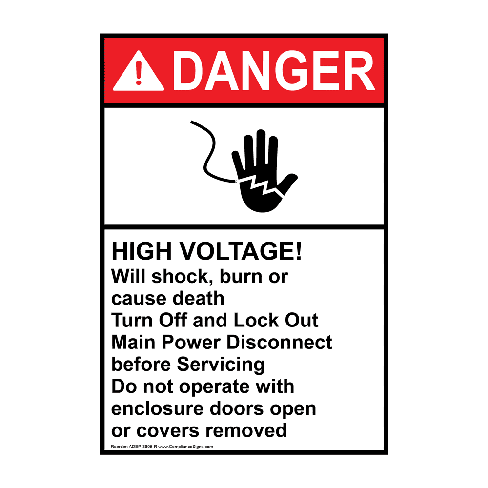 Portrait ANSI DANGER High Voltage! Will Shock, Burn Sign with Symbol ADEP-3805-R