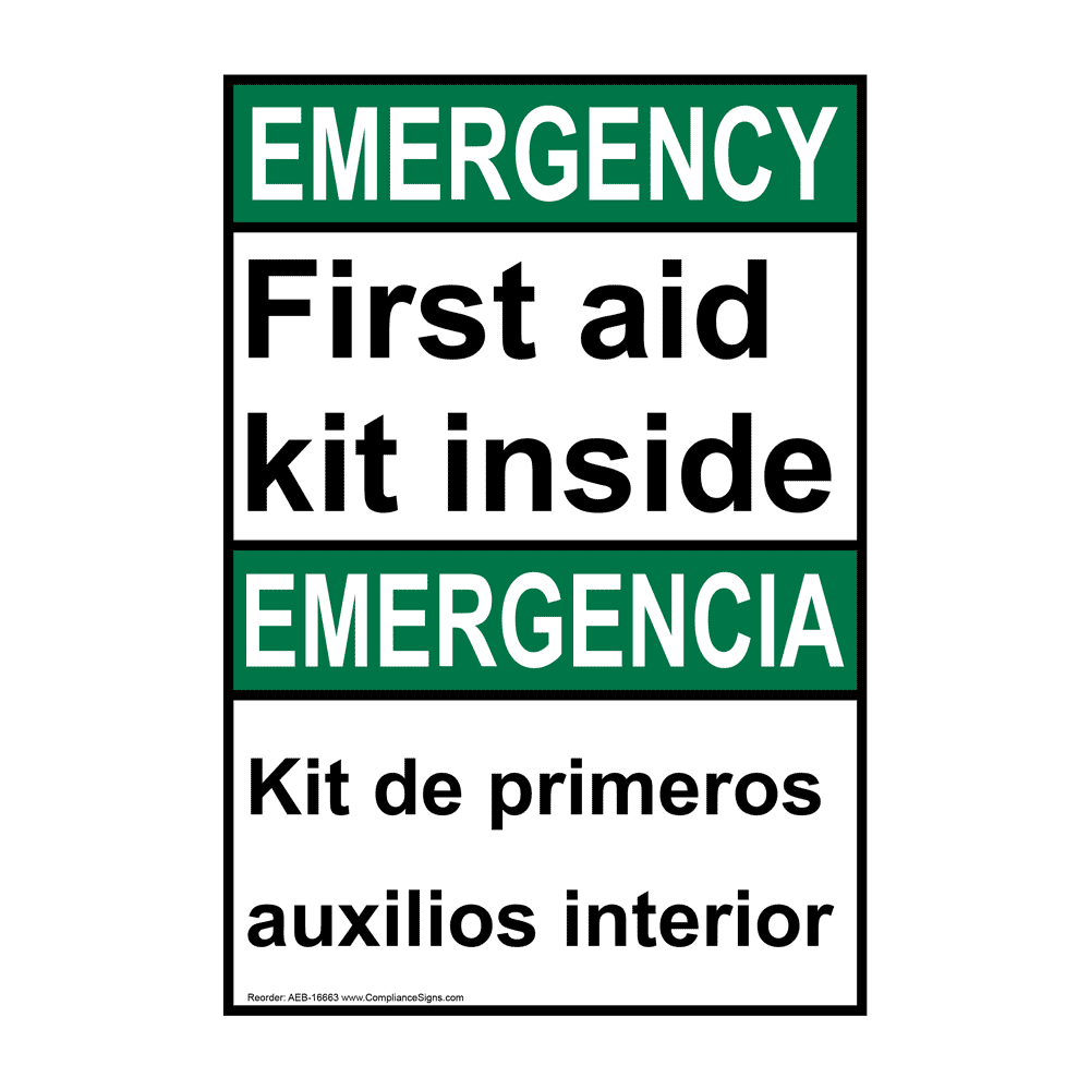 ANSI EMERGENCY First Aid Kit Inside Bilingual Sign AEB16663 First Aid
