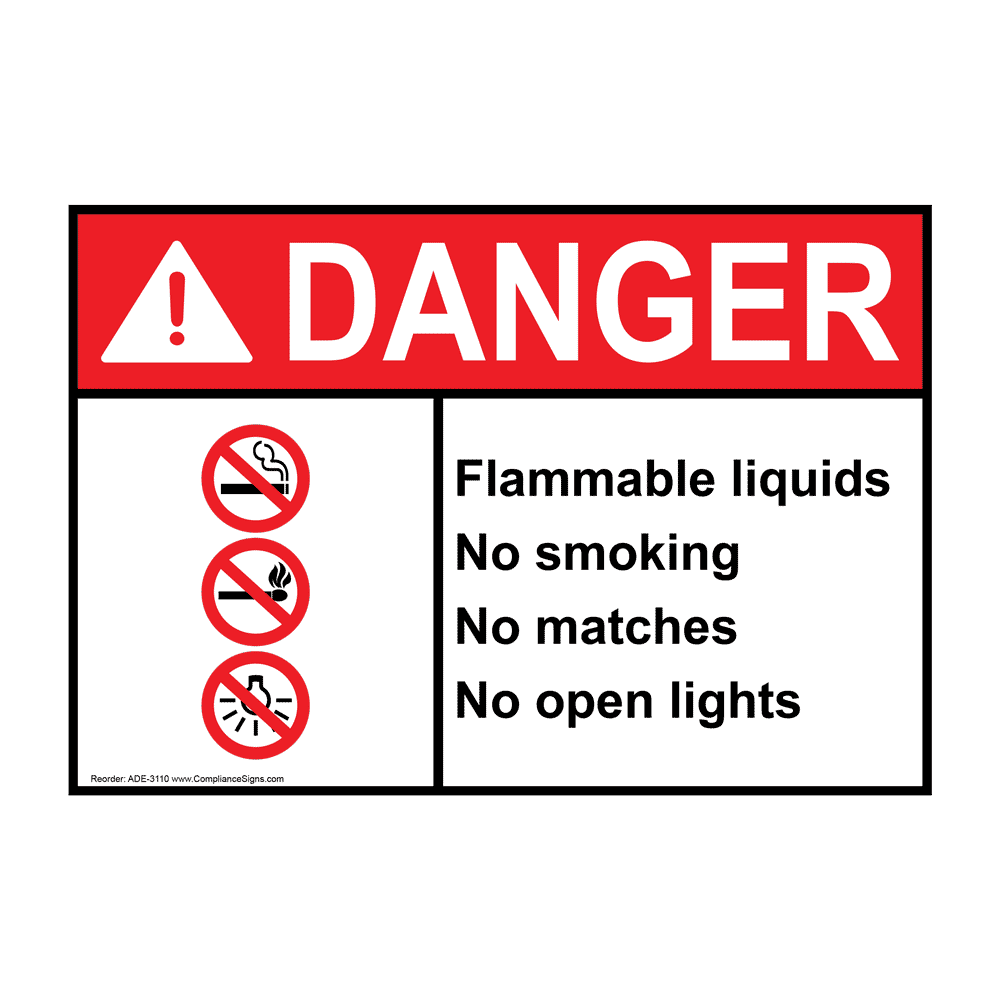 ANSI DANGER Flammable Liquids No Smoking Matches Sign with Symbol ADE-3110