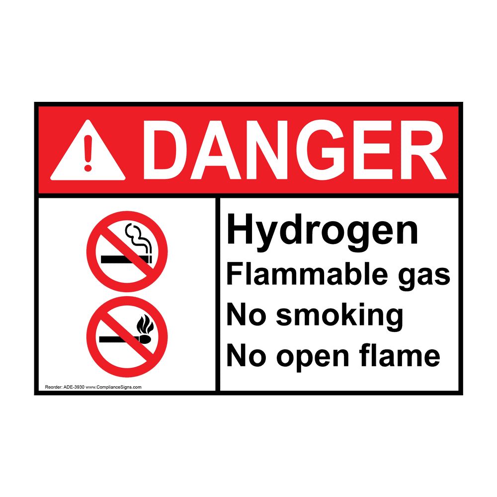 ANSI DANGER Hydrogen Flammable Gas No Smoking Open Flame Sign with Symbol ADE-3930