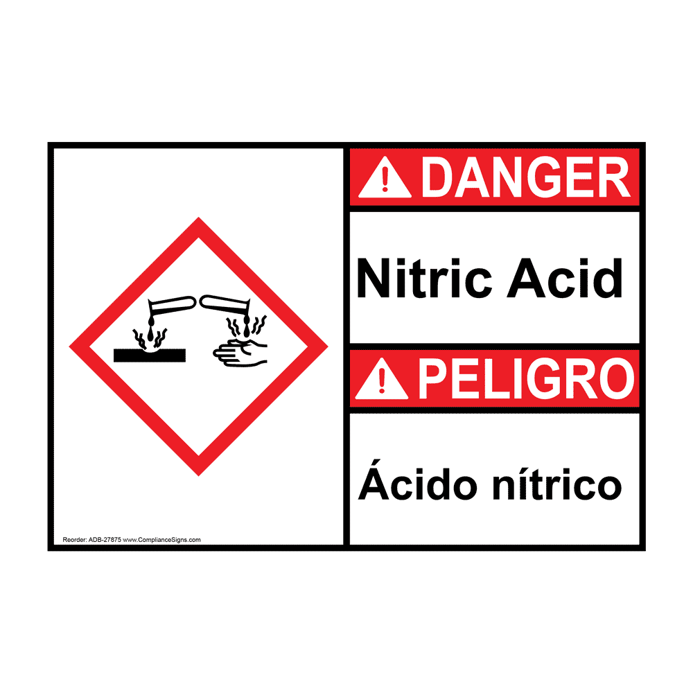 English + Spanish ANSI DANGER Nitric Acid - Ácido nítrico Sign with GHS Symbol ADB-27875