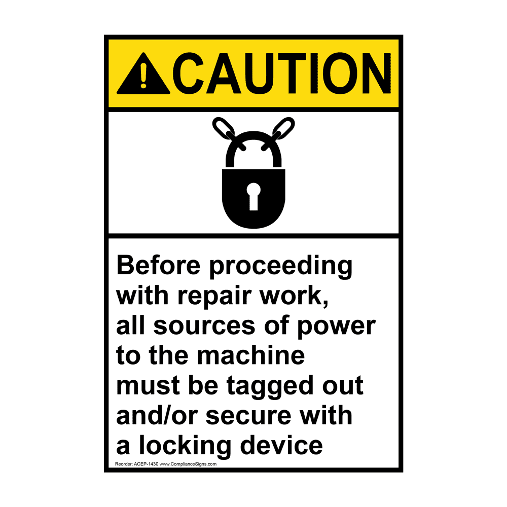 Portrait ANSI CAUTION Before Repair Work Lock Out Tag Out Sign with Symbol ACEP-1430