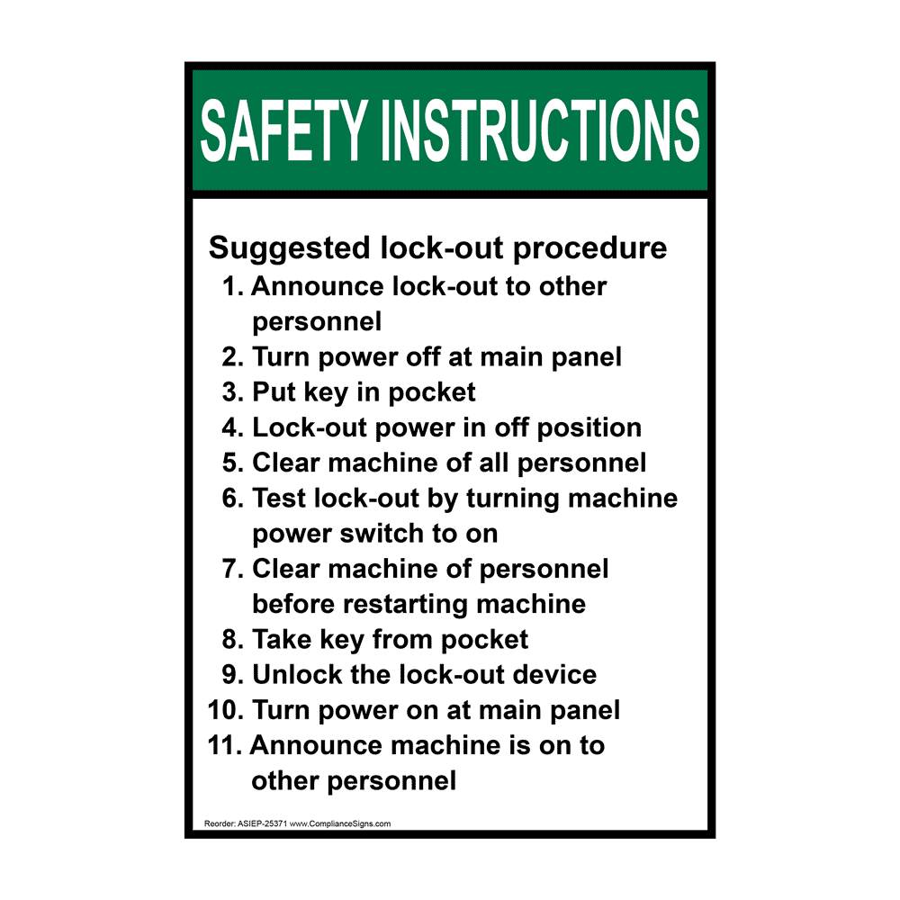 Portrait ANSI SAFETY INSTRUCTIONS Suggested lock-out procedure Sign ASIEP-25371