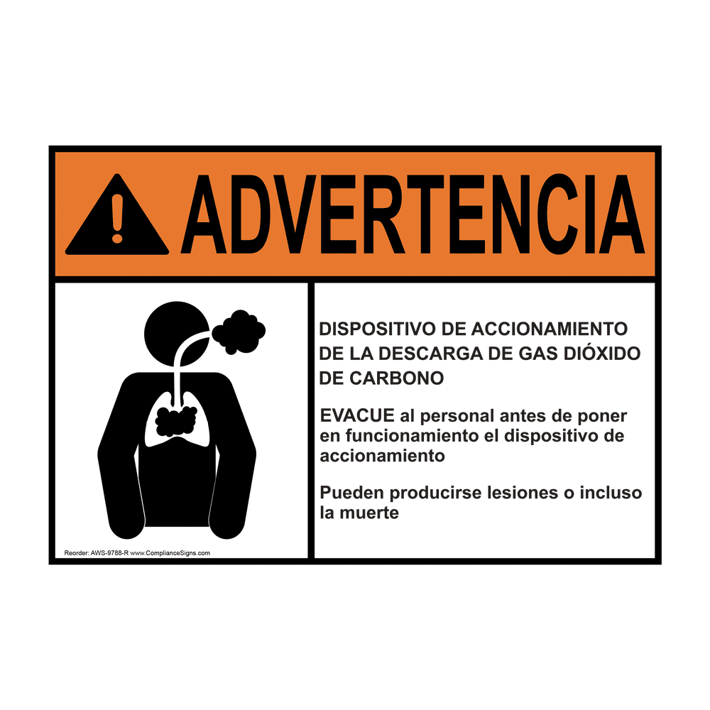 ANSI WARNING Carbon Dioxide Gas Discharge Spanish Sign AWS9788R