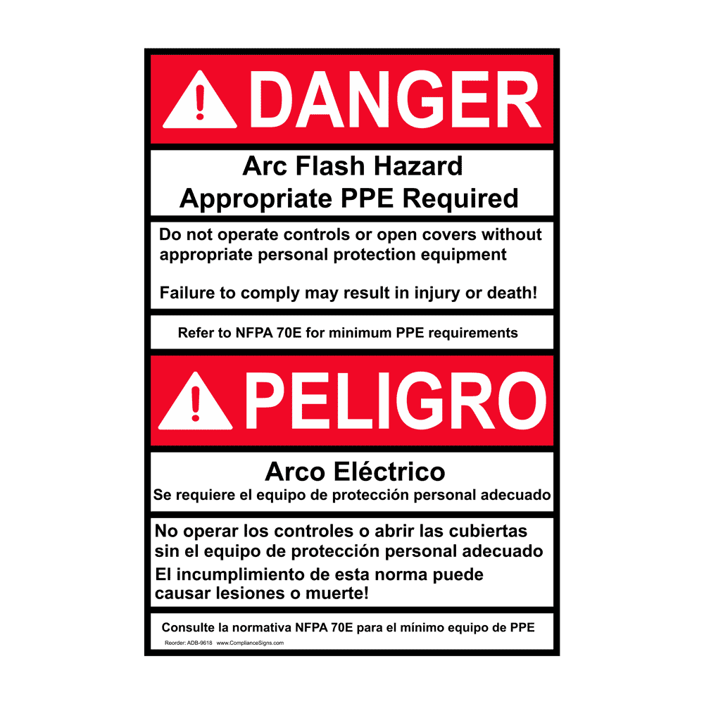 ANSI DANGER Arc Flash Hazard PPE Required Bilingual Sign ADB9618