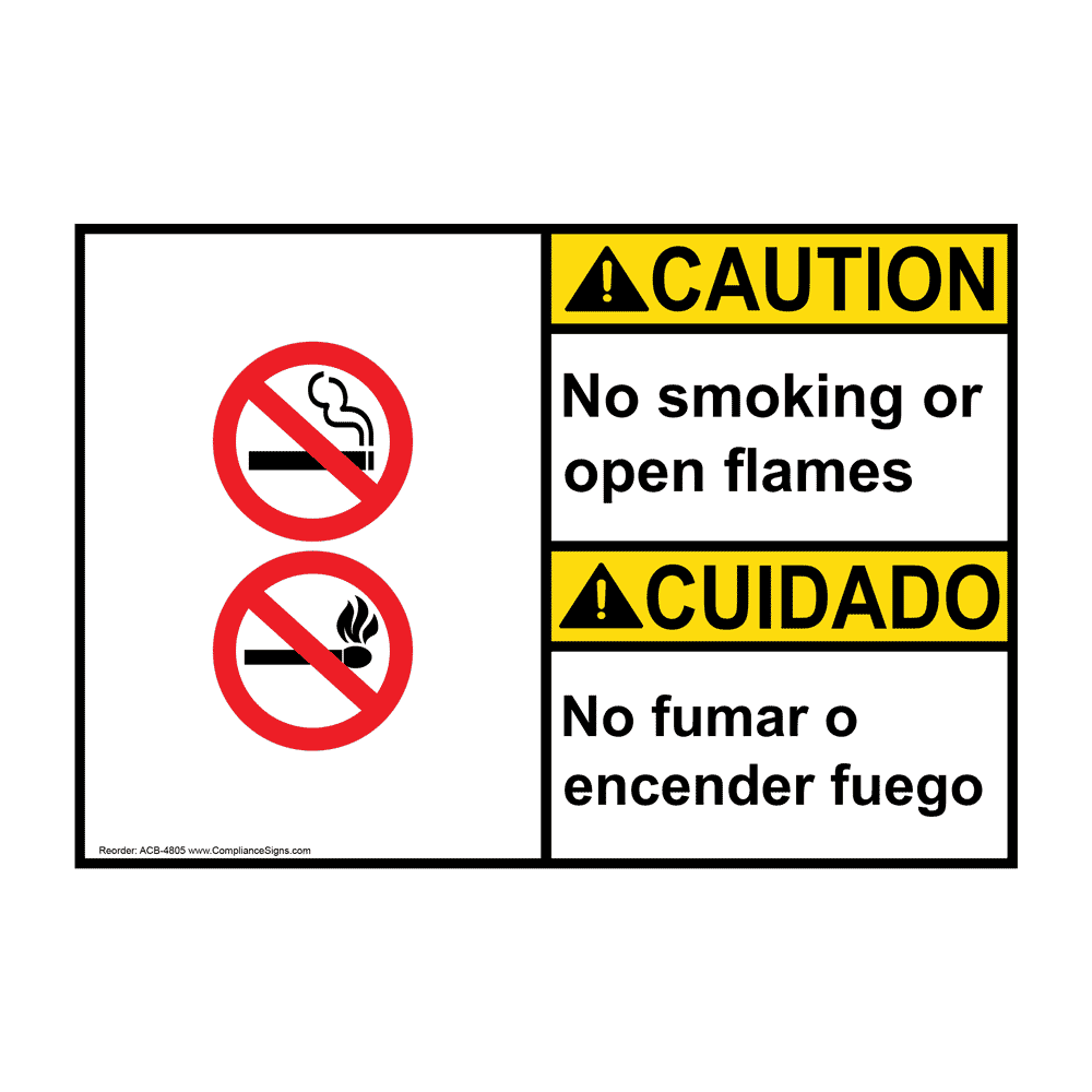 English + Spanish ANSI CAUTION No Smoking Or Open Flames Sign With Symbol ACB-4805