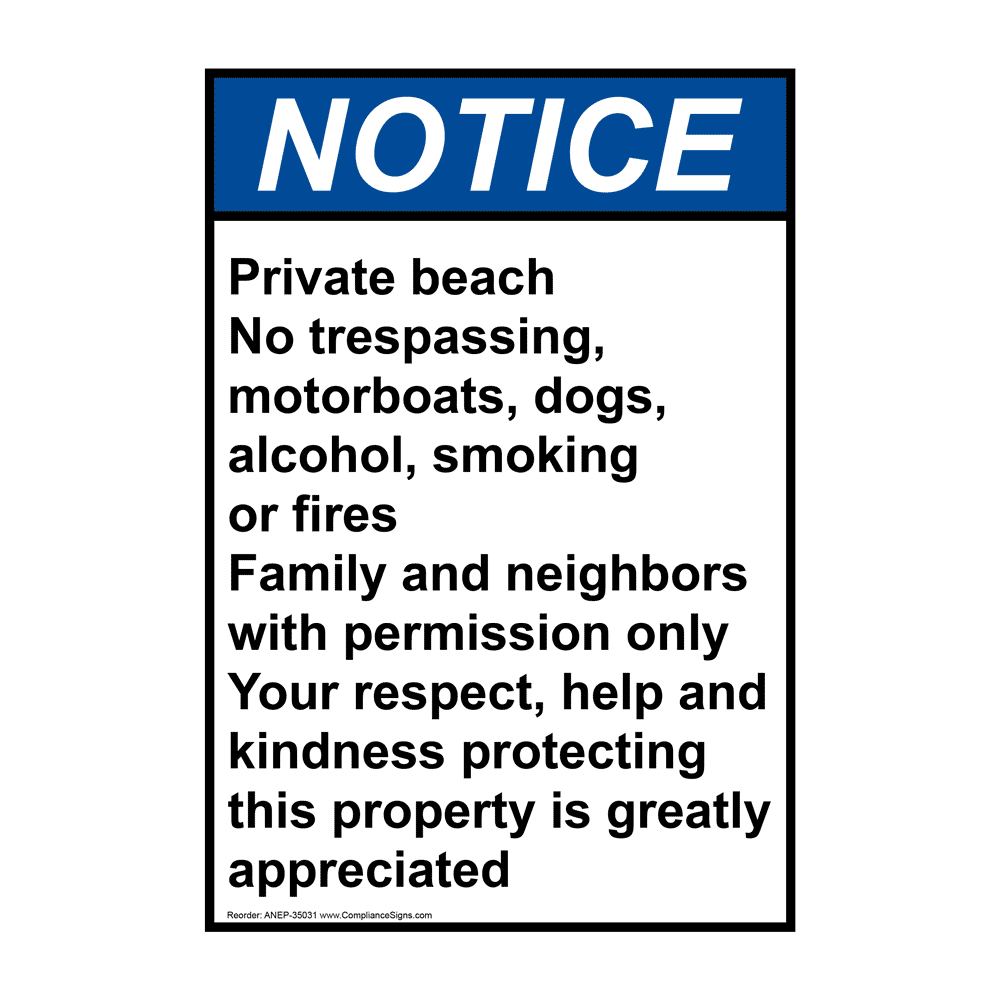 Portrait ANSI NOTICE Private beach No trespassing, Sign ANEP-35031