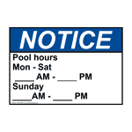 ANSI Pool Hours Mon - Sat ____ Am - ____ Pm Sunday Sign ANE-33849