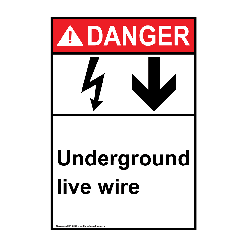 Portrait ANSI DANGER Underground live wire Sign with Symbol ADEP-6250