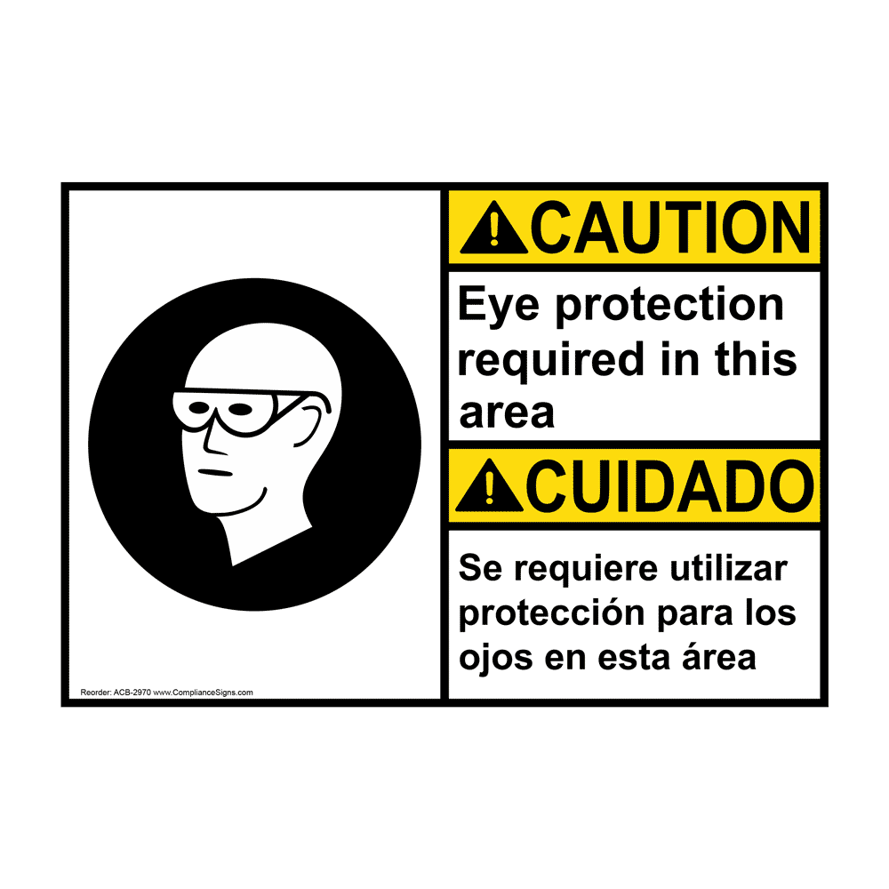 English + Spanish ANSI CAUTION Eye Protection Required Sign With Symbol ACB-2970