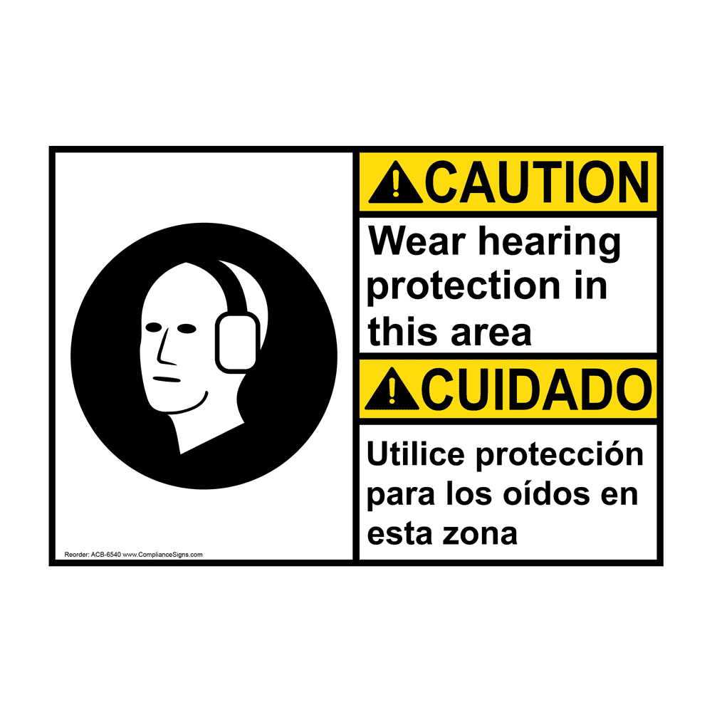 English + Spanish ANSI CAUTION Wear Hearing Protection Sign With Symbol ACB-6540