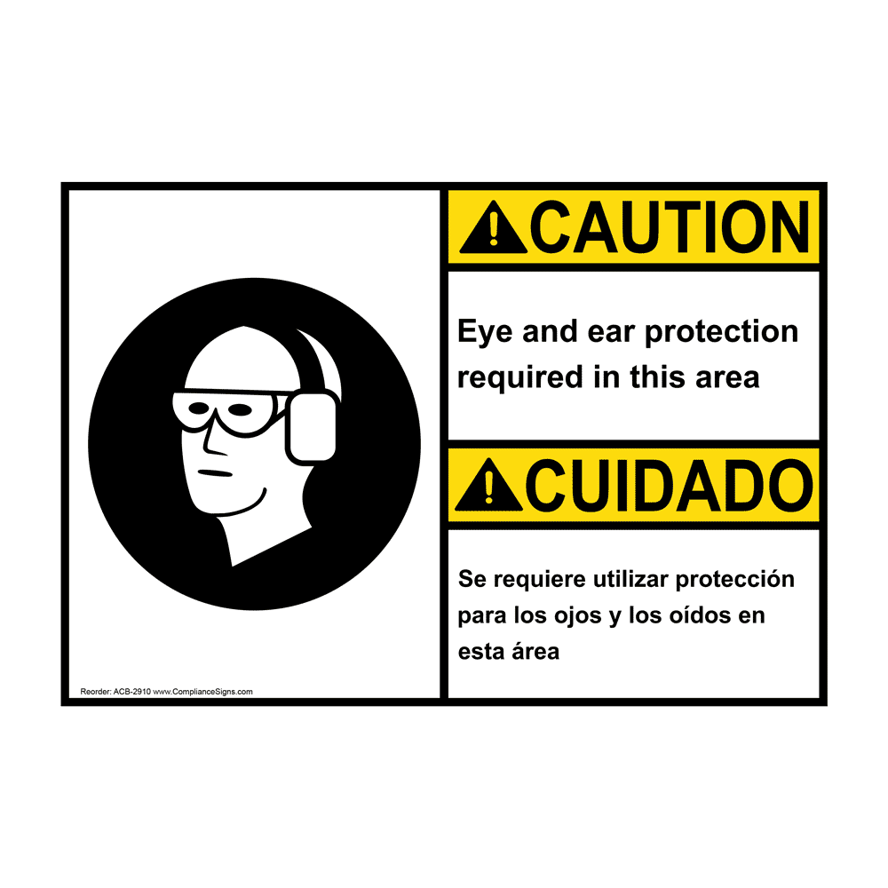 English + Spanish ANSI CAUTION Eye And Ear Protection Required Sign With Symbol ACB-2910