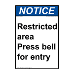 Portrait ANSI Restricted Area Press Bell For Entry Sign ANEP-37302
