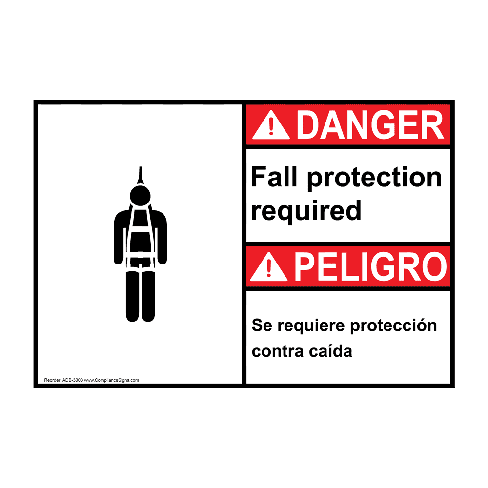 English + Spanish ANSI DANGER Fall Protection Required Sign With Symbol ADB-3000