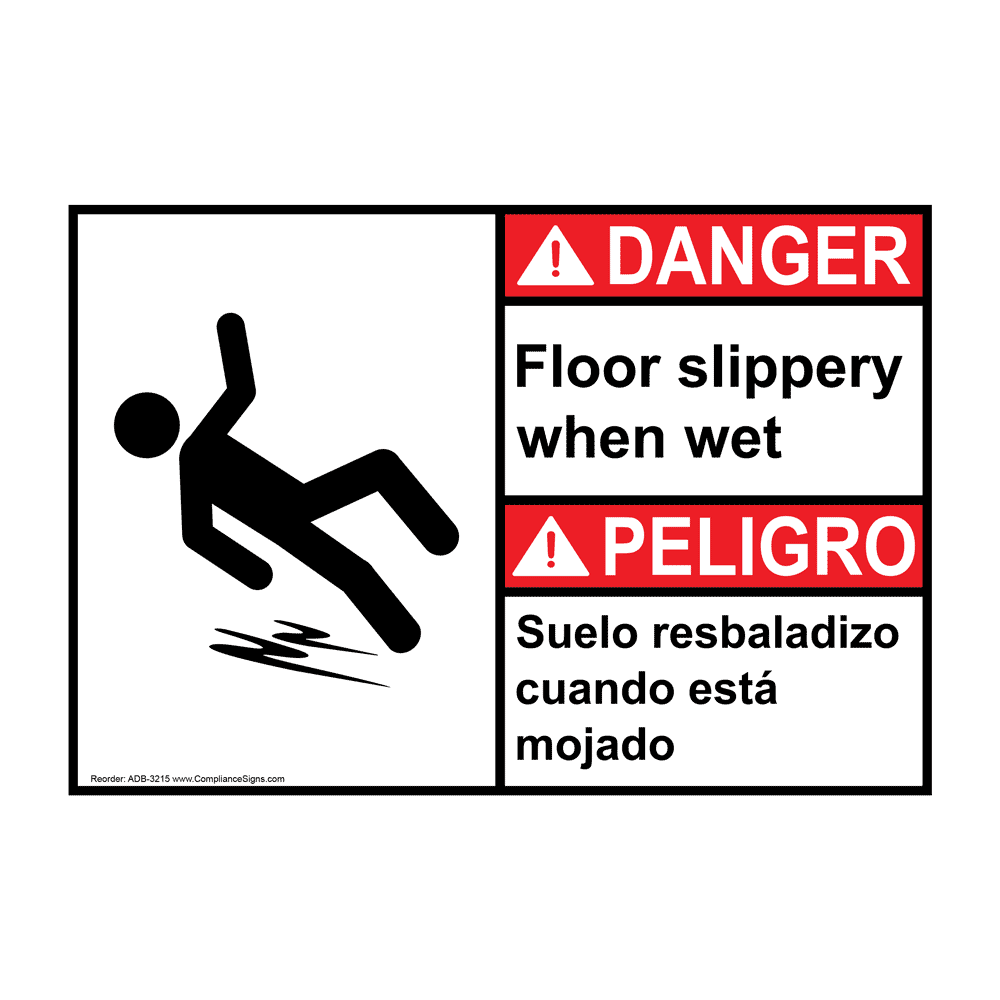 English + Spanish ANSI DANGER Floor Slippery When Wet Sign With Symbol ADB-3215