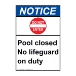 Portrait ANSI Pool Closed No Lifeguard Sign With Symbol ANEP-34682
