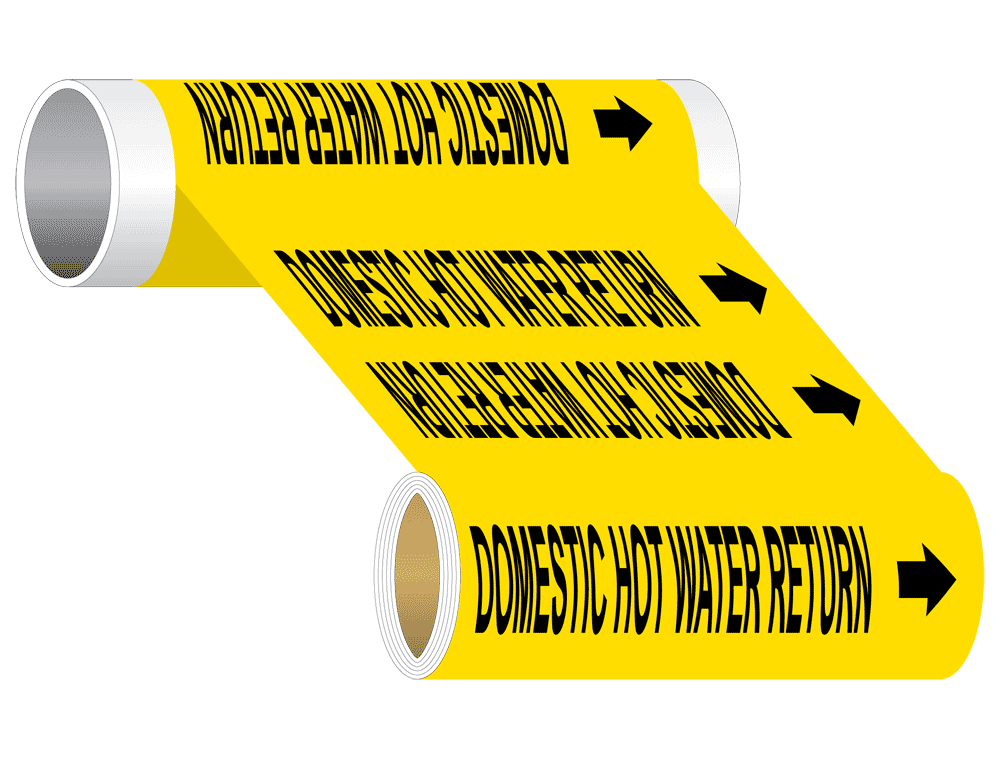 ASME A13.1 Domestic Hot Water Return Wide Pipe Label PIPE-23380_WideRoll_Black_on_Yellow