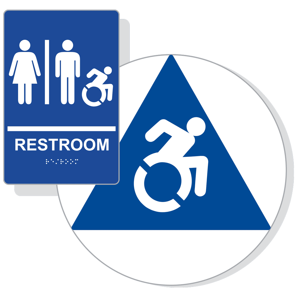 Blue Braille Unisex RESTROOM Sign Set with Dynamic Accessibility Symbol RRE-120_190_DCTS_SetR_White_on_Blue