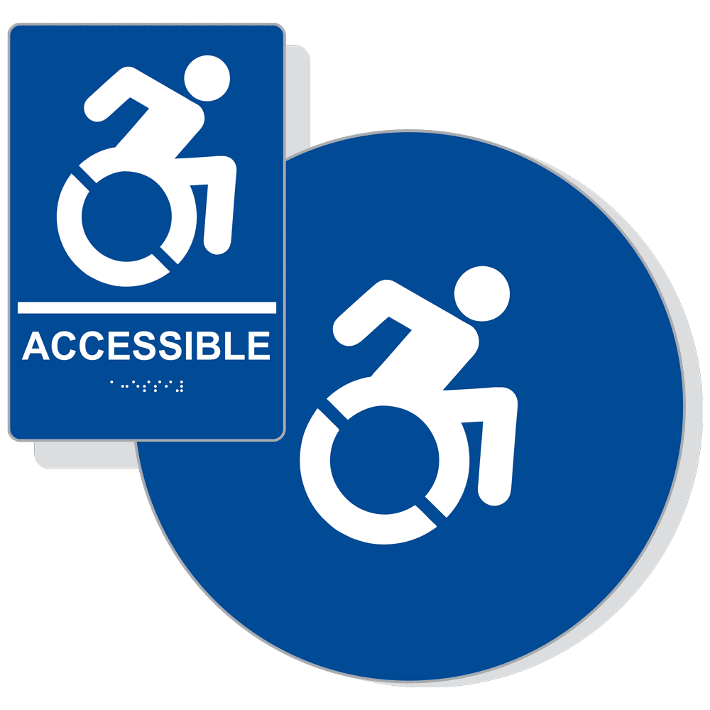 Blue Braille ACCESSIBLE Women's Restroom Sign Set with Dynamic Accessibiity Symbol RRE-190R_DCS_Set_White_on_Blue