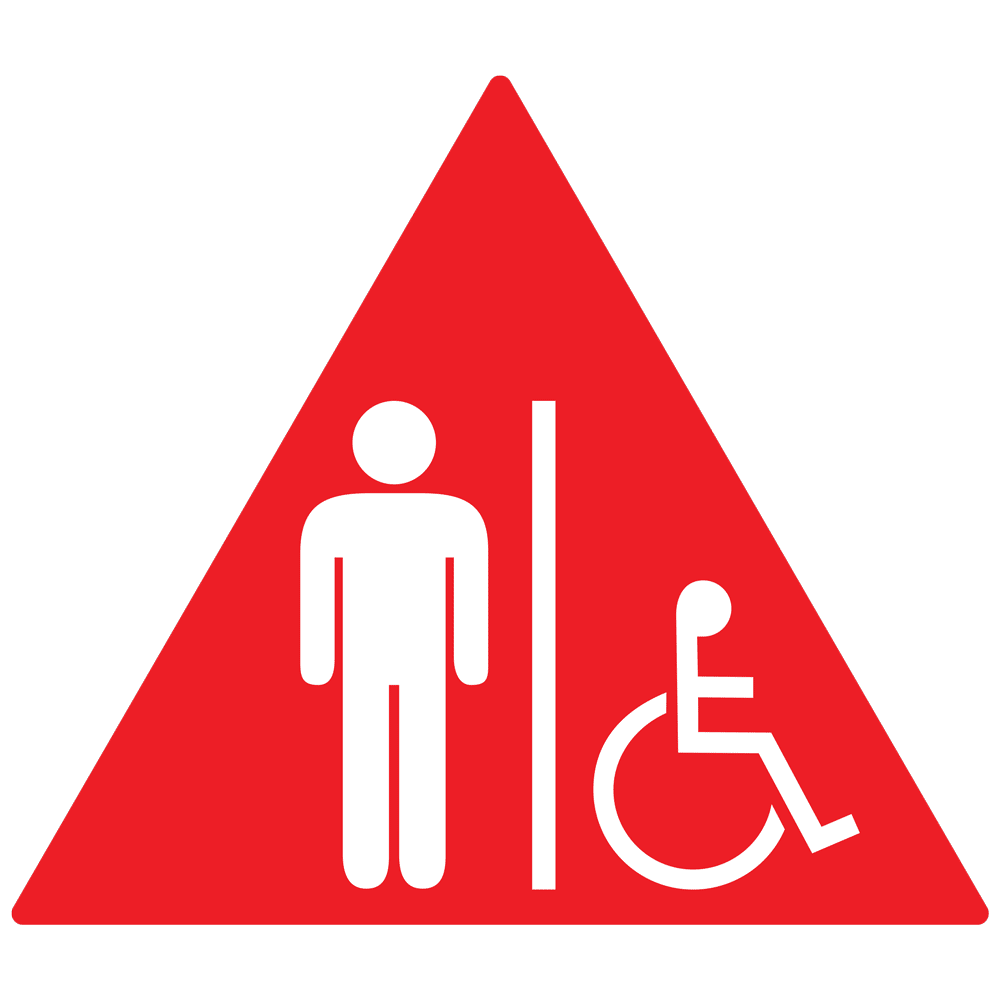 Accessible Mens Restroom Door Sign RR150DTSWHTonRed