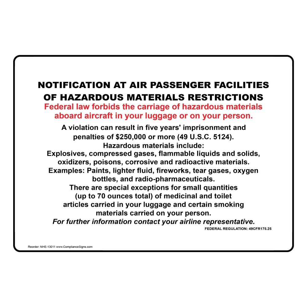 Carriage by Aircraft Air Passenger Facilities Sign NHE-13011 Hazmat