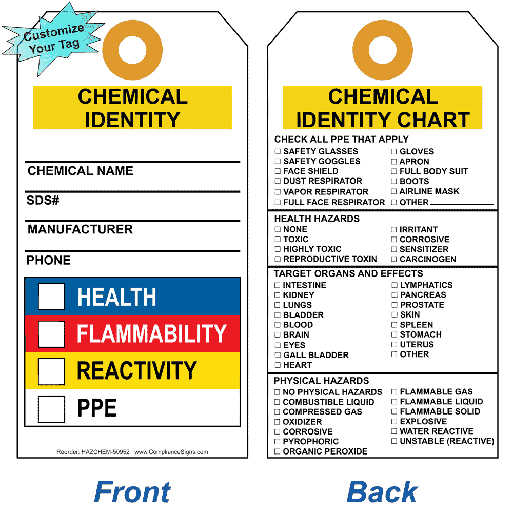 Chemical Identity - PPE and Hazard Checklist Tag with Tie HAZCHEM-50952