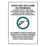 Guns Welcome Premises Weapons Holstered Bilingual Sign NHB-16347