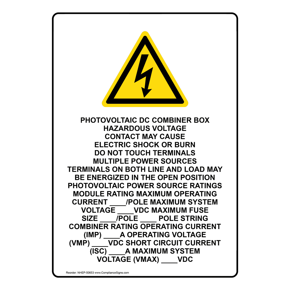 Portrait PHOTOVOLTAIC DC COMBINER BOX Sign With Symbol NHEP-50653