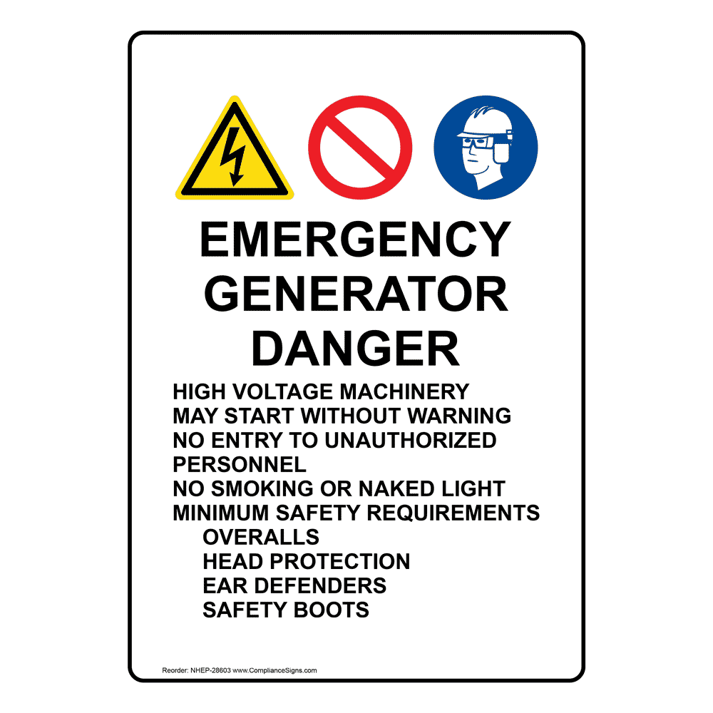 Emergency Generator Danger High Voltage Sign With Symbol NHE28603