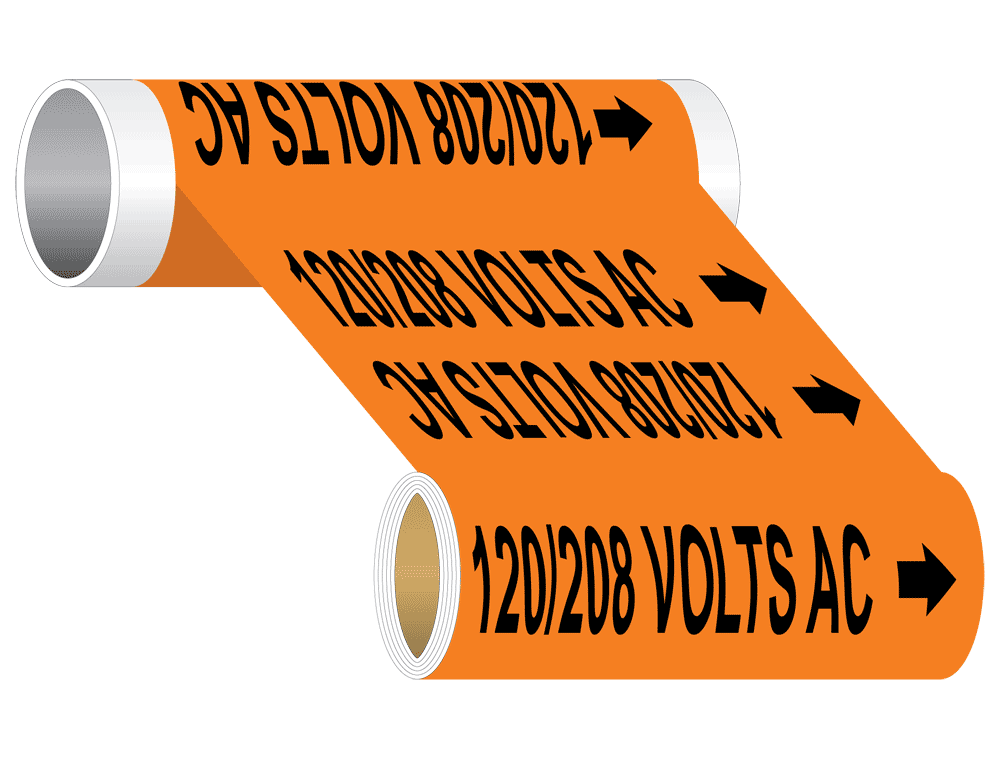 120 208 Volts AC Pipe Label PIPE-740-BLKonORNG