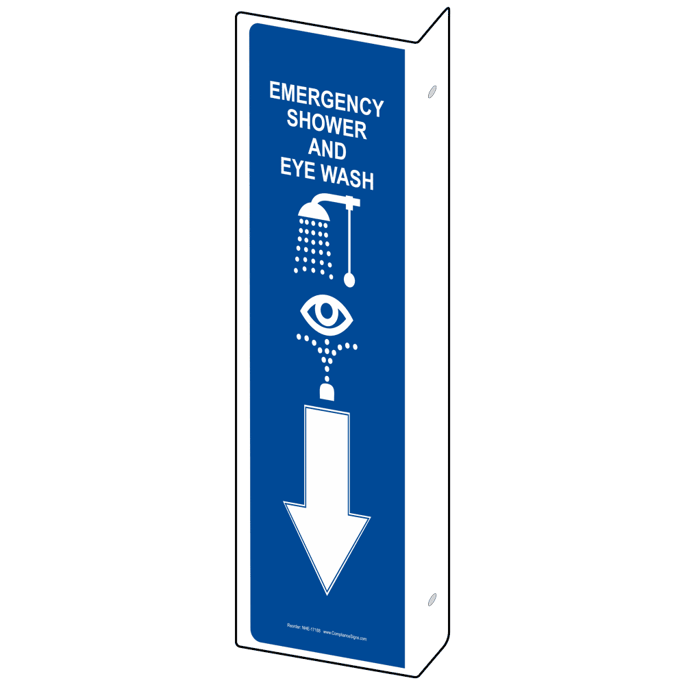 Projection-Mount Blue EMERGENCY SHOWER AND EYE WASH Sign With Symbol NHE-17188Proj