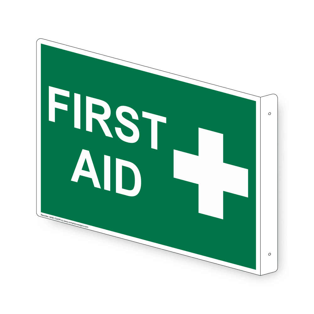 Projection-Mount Green FIRST AID Sign With Symbol NHE-7220Proj