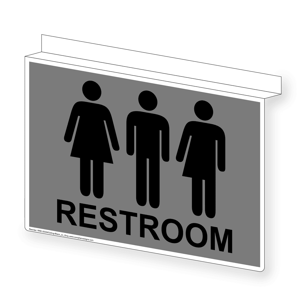 Gray Ceiling-Mount RESTROOM Sign With Symbol RRE-25344Ceiling-Black_on_Gray