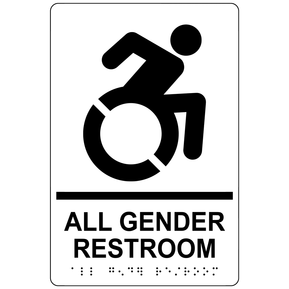 White Braille ALL GENDER RESTROOM Sign with Dynamic Accessibility Symbol RRE-35205R-Black_on_White