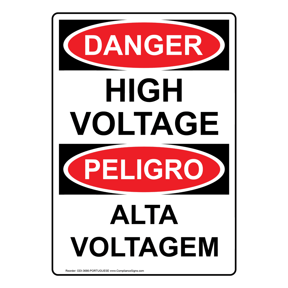 English + Portuguese OSHA DANGER High Voltage Sign ODI-3686-PORTUGUESE