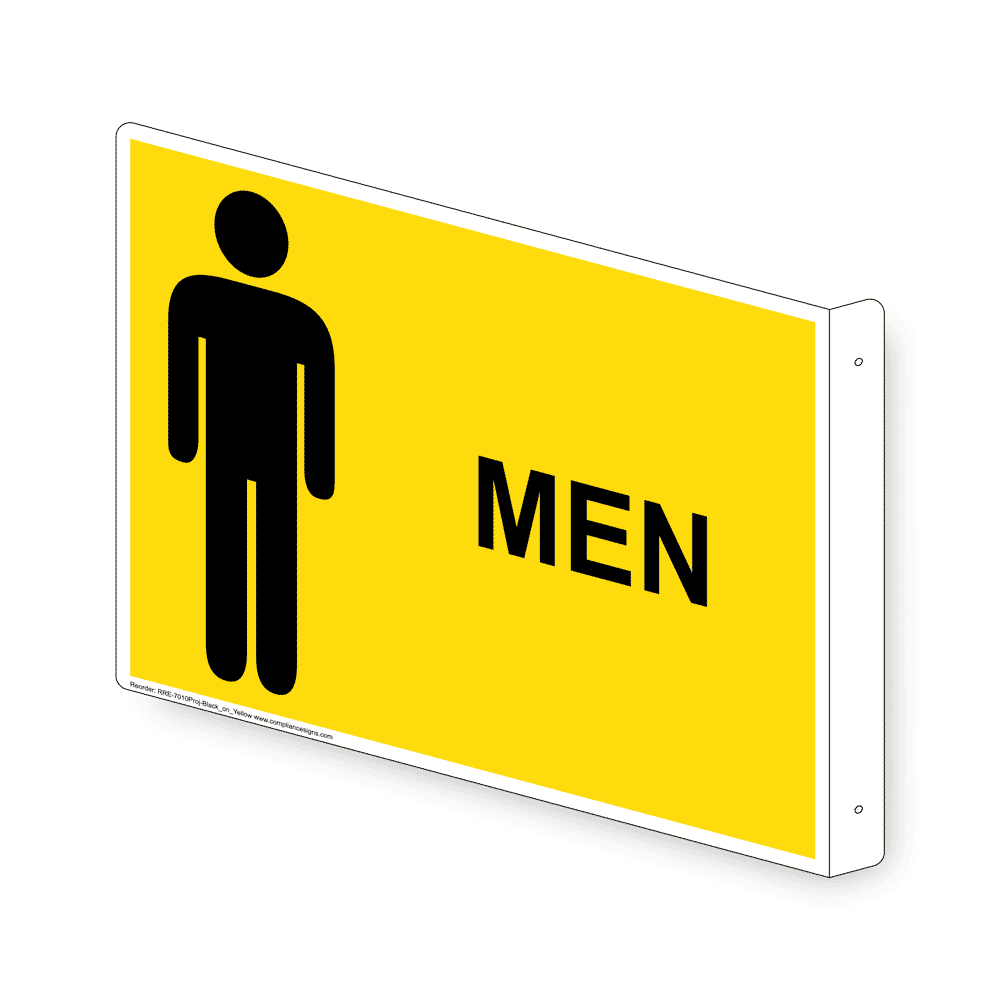 Projection-Mount Yellow MEN Restroom Sign With Symbol RRE-7010Proj-Black_on_Yellow