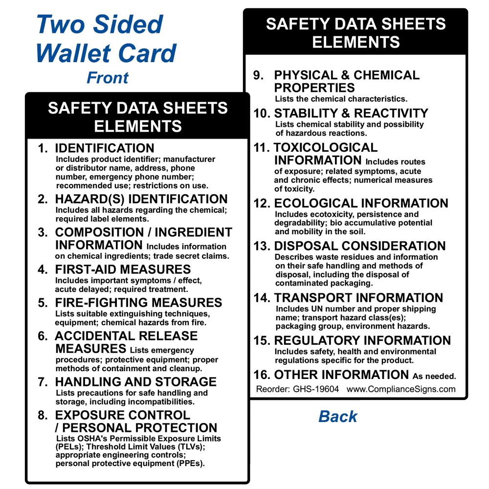 Safety Data Sheets Elements Wallet Card GHS-19604 MSDS
