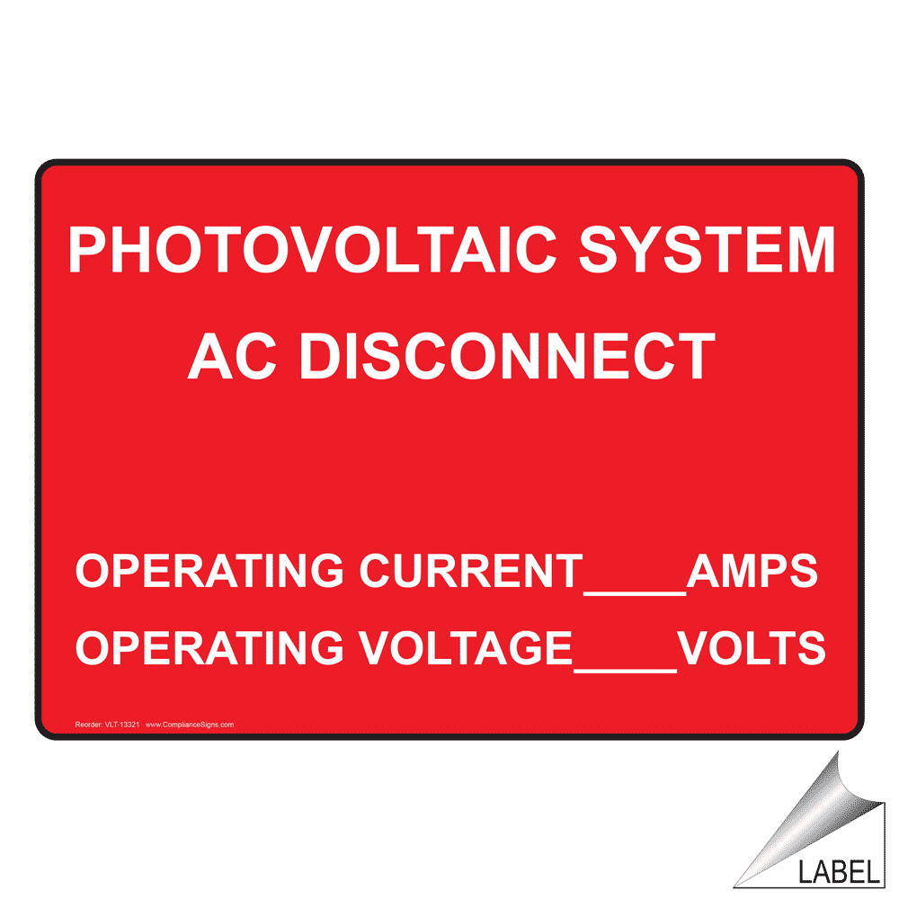 NEC Photovoltaic System Ac Disconnect Label VLT-13321 Electrical