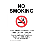 No Smoking Violators Fines Of $250 To $1,000 Sign NHE-6898-NewJersey