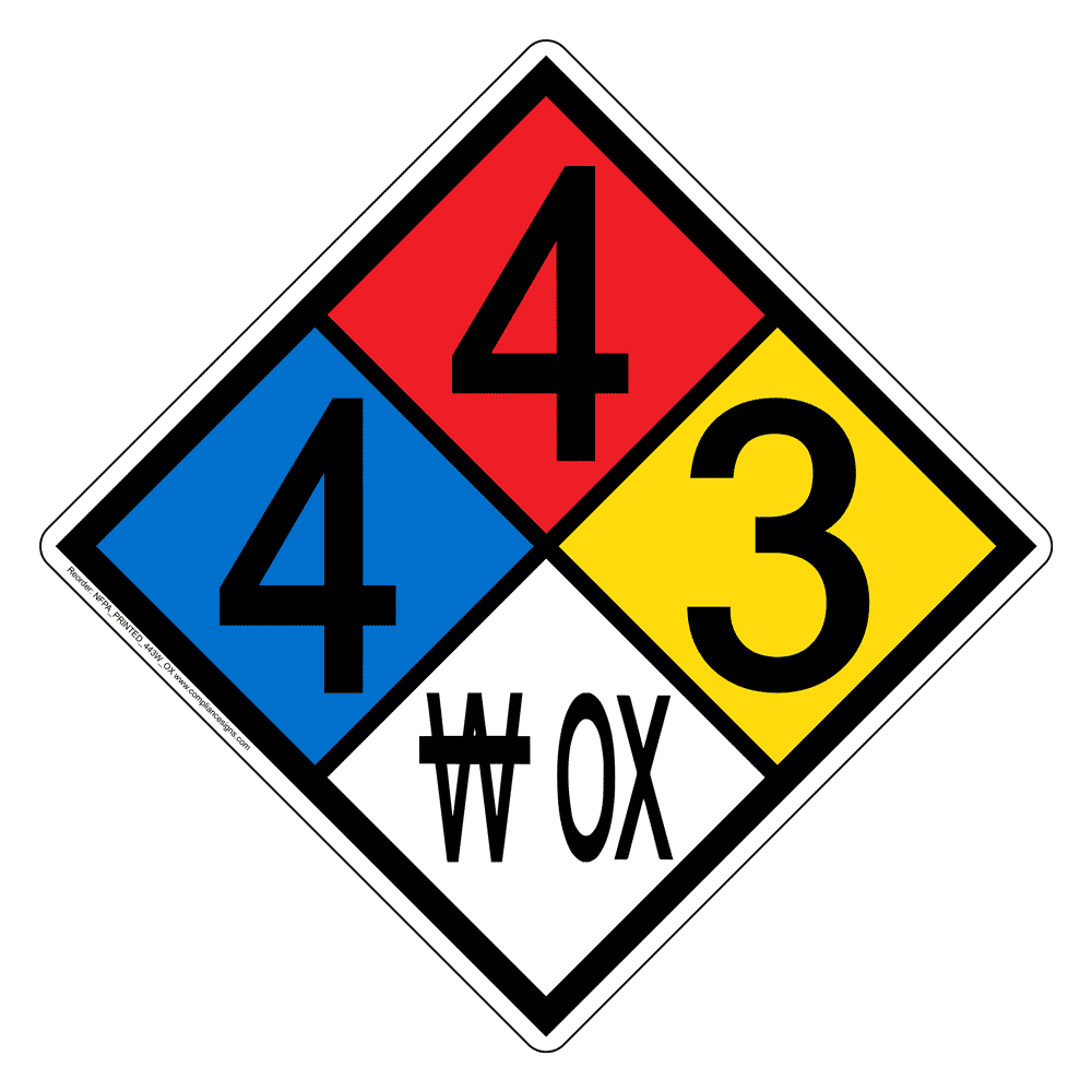 NFPA 704 Diamond Sign with 4-4-3-W OX Hazard Ratings NFPA_PRINTED_443W_OX