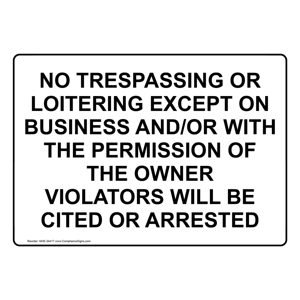 No Trespassing Or Loitering Except On Business Sign NHE-34417