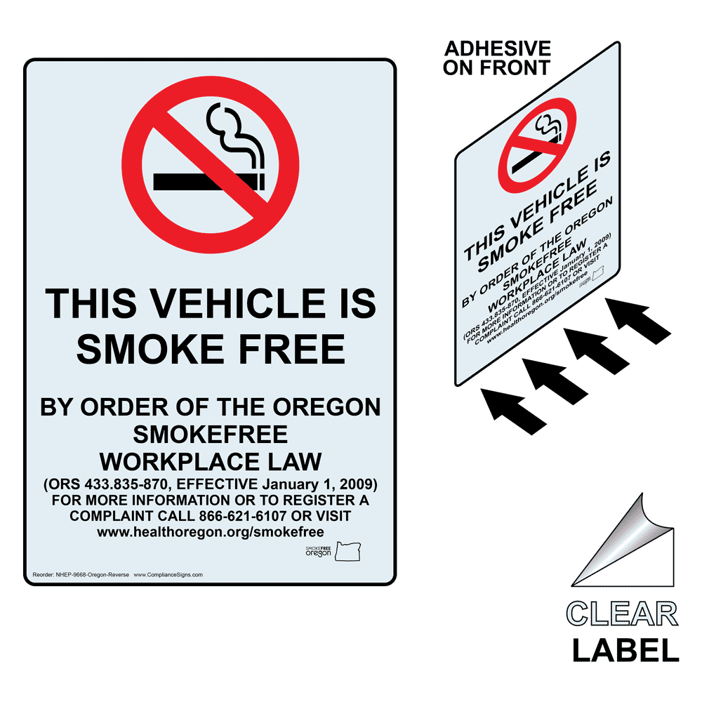 Oregon THIS VEHICLE IS SMOKE FREE Label With Front Adhesive NHEP-9668-Oregon-Reverse