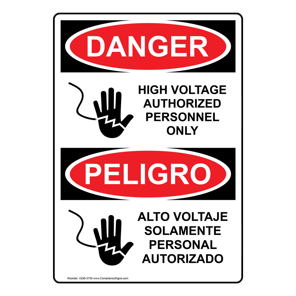 English + Spanish OSHA DANGER High Voltage Authorized Personnel Sign With Symbol ODB-3750